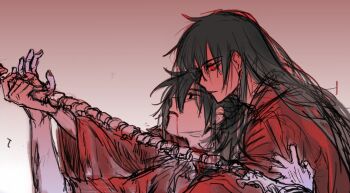 2boys black_eyes black_hair bleeding blood blood_from_mouth blood_on_neck bone chinese_clothes chinese_commentary clothes_grab coat cuts dao_gui_yi_xian dual_persona from_side gradient_background grey_hanfu hair_down hanfu holding holding_bone holding_sword holding_weapon hug hug_from_behind injury ji_zai li_huowang limited_palette long_hair male_focus multiple_boys nail_polish profile red_coat red_eyes red_nails red_theme regenerate57707 scar scar_on_arm selfcest skeleton sketch spine spine_sword suicide sword sword_to_throat weapon