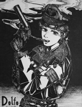 1girl adolf_galland bomber_jacket bordfunker133 cigar flare_gun galland-chan_(bordfunker133) genderswap genderswap_(mtf) gloves greyscale gun hat highres holding holding_flare holding_flare_gun holding_gun holding_weapon jacket leather leather_gloves looking_at_viewer luftwaffe military_hat military_uniform monochrome narrowed_eyes nazi open_mouth photo_(medium) real_life reichsadler smoke solo swastika teeth weapon world_war_ii