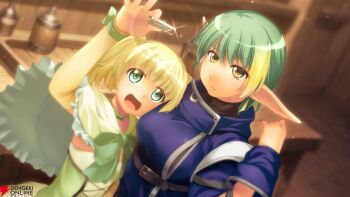 :d atelier-moo belt black_belt blonde_hair blue_dress blurry blurry_background bottle bow breasts capelet choker clenched_hands closed_mouth corset cup dress elbow_gloves elf elle_louise from_above gloves gradient_hair green_bow green_capelet green_choker green_eyes green_hair hair_between_eyes hand_up holding_earrings indoors large_breasts lips maria_short miniskirt multicolored_hair multiple_girls official_art open_mouth pleated_skirt pointy_ears second-party_source shirt short_hair short_twintails skirt small_breasts smile standing strapless strapless_shirt table twintails upper_body yellow_eyes yuukyuu_gensoukyoku yuukyuu_gensoukyoku_revival