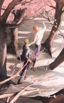 2boys absurdres blonde_hair branch cherry_blossoms commentary_request grey_hair highres holding_hands kotomine_(a1569) looking_at_another looking_back multiple_boys one_piece outdoors pointing pointing_forward roronoa_zoro sanji_(one_piece) shirt short_hair spring_(season) sword tree weapon white_shirt yaoi