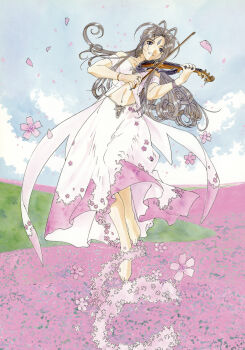 Rule 34 | aa megami-sama, absurdres, antenna hair, belldandy, blue eyes, blue sky, brown hair, cherry blossoms, clothing cutout, dress, earrings, facial mark, flower, flower dress, forehead mark, fujishima kousuke, grass, highres, incredibly absurdres, instrument, jewelry, leaning to the side, midriff, music, non-web source, official art, on grass, petals, pink dress, pink flower, playing instrument, scan, self-scan, sky, standing, standing on one leg, stomach cutout, violin
