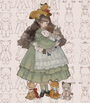 1girl apron black_shoes blunt_bangs blush bow brown_eyes brown_hair closed_mouth commentary_request dress frilled_apron frilled_skirt frills full_body green_dress hairband holding hugging_object kneehighs lolita_fashion long_hair long_sleeves looking_at_viewer mary_janes muted_color nekosuke_(oxo) original pale_skin patterned_background puffy_long_sleeves puffy_sleeves red_bow ribbon shoes sidelocks skirt socks solo standing stuffed_animal stuffed_toy teddy_bear wavy_hair white_apron