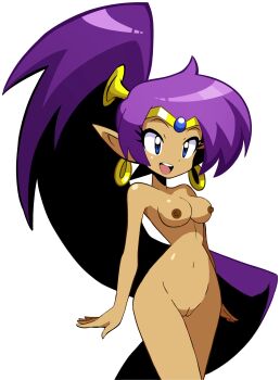 1girl blue_eyes breasts casual casual_nudity cleft_of_venus dark_nipples dark_skin ear_piercing earrings high_ponytail hoop_earrings jewelry legs_out_of_frame long_hair looking_at_viewer navel nipples nude nude_filter official_art open_mouth piercing pointy_ears ponytail purple_hair pussy shantae shantae_(series) shantae_advance:_risky_revolution small_breasts smile standing teeth third-party_edit tiara uncensored wayforward white_background