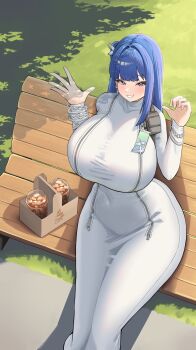1girl arcana_(nikke) bench blue_eyes blue_hair bluepaint blush breasts coffee covered_navel cup disposable_cup dress earrings from_above goddess_of_victory:_nikke grey_eyes hair_ornament huge_breasts iced_coffee jewelry long_dress long_hair one_side_up outdoors park_bench shadow sitting smile solo straight_hair tight_clothes tight_dress waving white_dress wide_hips