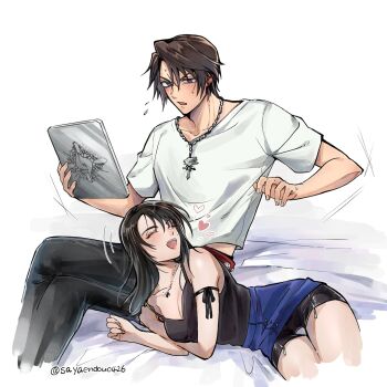 Rule 34 | 1boy, 1girl, arm ribbon, bare shoulders, bed sheet, bike shorts, bike shorts under skirt, black hair, black pants, black ribbon, black shirt, black shorts, blue skirt, blush, breasts, brown hair, cleavage, closed eyes, commentary request, couple, cow, crossed legs, earrings, final fantasy, final fantasy viii, flying sweatdrops, furrowed brow, hair between eyes, hetero, highres, jewelry, lap pillow, long hair, medium breasts, midriff peek, multicolored hair, necklace, open mouth, pants, ribbon, ring, ring necklace, rinoa heartilly, sayaendou0426, scar, scar on face, scar on forehead, shirt, short hair, shorts, silver necklace, single earring, skirt, sleeveless, sleeveless shirt, smile, squall leonhart, streaked hair, sweat, sweatdrop, t-shirt, twitter username, white background, white shirt