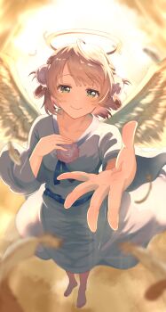 1girl absurdres alternate_costume angel angel_wings backlighting barefoot blunt_bangs blurry blurry_foreground closed_mouth commentary_request depth_of_field dottomadayo feathered_wings foreshortening green_eyes hair_ornament hair_rings halo hand_on_own_chest highres indie_virtual_youtuber long_sleeves offering_hand pom_pom_(clothes) pom_pom_hair_ornament reaching reaching_towards_viewer robe shigure_ui_(vtuber) short_hair side_part side_up_ring smile solo swept_bangs traditional_halo virtual_youtuber white_robe white_wings wings