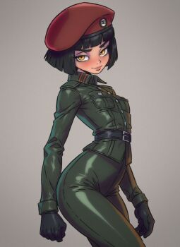1girl arched_back belt_around_waist beret black_gloves black_hair blunt_bangs blunt_ends bob_cut borrowed_character breasts commentary cowboy_shot csaurageul english_commentary fulgora_(polilla) gift_art gloves green_jacket green_pants grey_background hat insignia jacket looking_at_viewer military_jacket military_uniform orange_eyes pants polivia red_hat short_hair small_breasts smile solo standing tight_clothes tight_pants turning_head