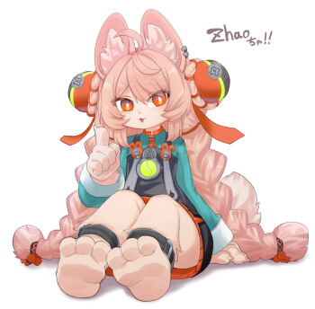1girl ahoge animal_ear_fluff animal_ear_piercing animal_ears animal_feet anklet braid braided_twintails bright_pupils character_name chinese_clothes commentary_request full_body furry furry_female green_shirt hanadaiteol index_finger_raised jewelry long_hair looking_at_viewer mandarin_collar medallion open_mouth pink_fur pink_hair rabbit_ears rabbit_girl red_eyes screw shirt short_eyebrows simple_background sitting solo thick_eyebrows white_background white_pupils zenless_zone_zero zhao_(zenless_zone_zero)