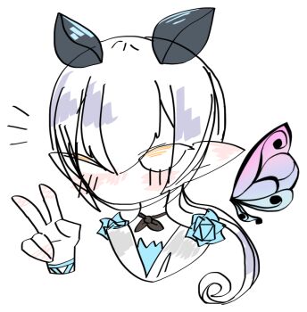 1girl artist_request bad_id bad_pixiv_id cropped_shoulders fairy_minion_(grimms_notes) fairy_wings grey_hair grimms_notes one_eye_closed ponytail simple_background sketch solo upper_body v white_background wings yellow_eyes