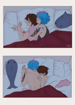 2girls arm_tattoo back bed blue_hair blush brown_hair chloe_price closed_eyes commentary couple cuddling cuddling_to_sex_2koma_(tcn_tancha) english_commentary highres hug jewelry life_is_strange_(series) max_caulfield multiple_girls nude ring scratches sleeping sleeping_together spooning tattoo wedding_ring wife_and_wife xsoju yuri