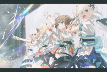 1st_generation_(hololive) 4girls ahoge akai_haato aki_rosenthal animal_ear_fluff animal_ears arms_up black_bow blonde_hair bow braid brown_hair earrings extra_ears fox_ears fox_girl fox_shadow_puppet fox_tail green_eyes hair_between_eyes hair_bow highres hololive hololive_idol_uniform_(bright) jewelry light_particles long_hair looking_at_viewer multiple_girls nagishiro_mito natsuiro_matsuri official_alternate_costume open_mouth pointing shirakami_fubuki short_hair sidelocks single_braid smile stage tail virtual_youtuber white_hair