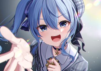 1girl absurdres blue_choker blue_eyes blue_hair blush choker collared_shirt earrings grey_hat grey_jacket hat highres hololive hoshimachi_suisei hoshimachi_suisei_(1st_costume) jacket jewelry long_sleeves looking_at_viewer open_mouth plaid_clothes plaid_hat plaid_jacket reaching reaching_towards_viewer shagaihi shirt smile solo star_(symbol) star_choker star_earrings star_in_eye symbol_in_eye virtual_youtuber white_shirt