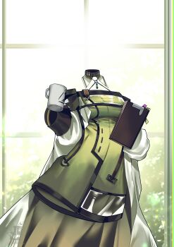 absurdres arknights book breasts coffee_mug commentary_request cup day dress green_dress green_eyes highres indoors jacket kal&#039;tsit_(arknights) long_sleeves medium_breasts mug no_humans off-shoulder_jacket off_shoulder puffy_long_sleeves puffy_sleeves seabread see-through_clothes see-through_dress standing sunlight white_jacket window