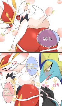 1boy 1girl ajiwo angry ass bad_tag blush cinderace embarrassed english_text female female_cinderace gen_8_pokemon highres huge_ass inteleon male measuring_ass nintendo peach_(fruit) plump_ass pokemon pokemon_(creature) rabbit speech_bubble sweat tape_measure wide_hips