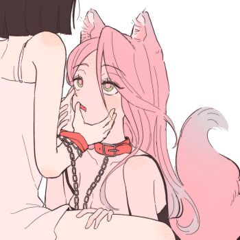 2girls alien_stage animal_ears bare_arms black_bra black_hair blush bra chain chain_leash coldmeow collar commentary dog_ears dog_girl dog_tail dress english_commentary finger_to_another&#039;s_mouth green_eyes hand_on_another&#039;s_thigh hands_on_another&#039;s_face highres kemonomimi_mode leash long_hair mizi_(alien_stage) multiple_girls pink_hair pink_pupils short_hair simple_background sua_(alien_stage) tail underwear white_background white_dress yuri