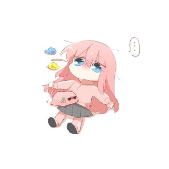 Rule 34 | 1girl, black shoes, bocchi the rock!, chibi, chibi only, commentary request, cube hair ornament, dual persona, full body, gotoh hitori, gotoh hitori (tsuchinoko), grey skirt, hair between eyes, hair ornament, jacket, long hair, lying, no mouth, on back, one side up, outstretched arms, pants, pants under skirt, pink hair, pink jacket, pink pants, pleated skirt, rebecca (keinelove), shoes, simple background, skirt, spread arms, track jacket, translation request, white background