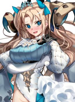1girl aqua_pantyhose blonde_hair blue_eyes blue_pantyhose blush breasts cone_horns curled_horns ereshkigal_(fate) fate/grand_order fate_(series) frills gloves grey_gloves groin hair_ribbon headpiece highres horns large_breasts leotard long_hair long_sleeves looking_at_viewer mach_iota multicolored_horns pantyhose puff_and_slash_sleeves puffy_sleeves ribbon single_leg_pantyhose space_ereshkigal_(fate) sweat two_side_up white_leotard