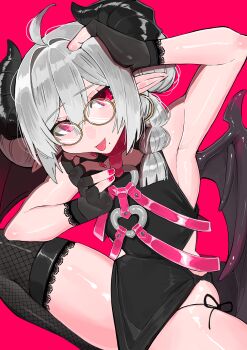 1boy :p absurdres ahoge arm_up armpits bare_shoulders black_gloves commentary_request demon_boy demon_horns demon_wings earrings fingerless_gloves fishnet_gloves fishnets glasses gloves hair_between_eyes hand_on_own_head heart highres horns jewelry looking_at_viewer mole mole_under_mouth nail_polish original pointy_ears red_background red_eyes red_nails round_eyewear strap thighhighs thighs tongue tongue_out trap white_hair wings yuuppi