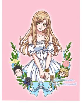 1boy 2girls bare_shoulders black_hair blonde_hair blue_bow bow braid breasts commentary commission detached_sleeves di_draw.art dress dual_persona english_commentary green_eyes highres instagram_username kinoshita_akane mallet medium_breasts multiple_girls pointy_ears puffy_detached_sleeves puffy_sleeves side_braid staff strapless strapless_dress watermark white_dress yamada-kun_to_lv999_no_koi_wo_suru yamada_akito