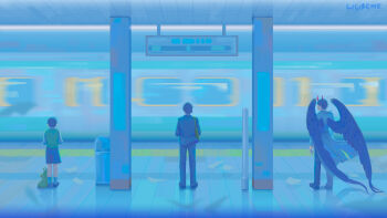 3boys absurdres backpack bag black_hair black_shorts black_wings blue_theme coat demon_horns falling_paper feathered_wings from_behind full_body highres horns kim_dokja liliseme motion_blur multiple_boys official_alternate_costume oldest_dream omniscient_reader&#039;s_viewpoint open_clothes open_coat progression reflective_floor short_hair shorts shoulder_bag sign standing train_station vest white_coat wings yellow_vest