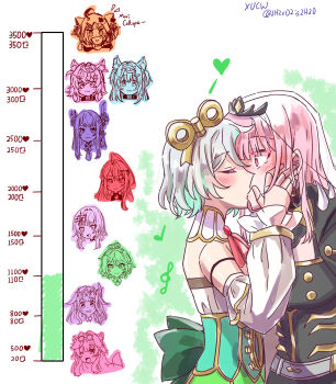 Rule 34 | 1girl, absurdres, black dress, black tiara, blush, cecilia immergreen, cecilia immergreen (1st costume), closed eyes, detached sleeves, doll joints, dress, elizabeth rose bloodflame, fuwawa abyssgard, gigi murin, green dress, green streaks, hand on another's face, heart, highres, hololive, hololive english, joints, kiss, kiss meter (meme), koseki bijou, meme, mococo abyssgard, mori calliope, mori calliope (1st costume), musical note, nerissa ravencroft, pink eyes, pink hair, raora panthera, shiori novella, tiara, virtual youtuber, white hair, winding key, xu chin-wen, yuri