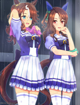 2girls animal_ears blue_eyes brown_hair ear_covers horse_ears horse_girl horse_tail king_halo_(umamusume) mejiro_palmer_(umamusume) multiple_girls rain red_eyes sailor_collar school_uniform seki_(hyokosho) smile tail thighhighs tracen_school_uniform umamusume white_thighhighs