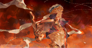 1boy abs arm_at_side bleeding blonde_hair blood blood_from_mouth blood_on_chest blood_on_neck chain closed_mouth commentary fate/grand_order fate_(series) from_side gauntlets gilgamesh gilgamesh_(caster)_(fate) gilgamesh_(fate) hair_between_eyes hand_up highres holding injury jewelry kalak_39 light_smile looking_ahead male_focus neck_ring no_shirt pectorals pixiv_id popped_collar purple_vest red_eyes short_hair solo stone_tablet turban twitter_username upper_body vest wind