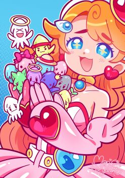 >_< +_+ 1girl :d absurdres animal_ears artist_name artist_self-insert bare_shoulders belt belt_buckle beret blue_background blue_eyes blue_gem bow breasts buckle cat_ears choker cleavage collarbone commentary crown cupping_hands curly_hair cyber_fashion dress earrings elbow_gloves english_commentary furrowed_brow gem gloves gold_choker hair_ornament hairclip halftone halftone_background halo hands_up hat heart heart-shaped_buckle heart_earrings heart_hair_ornament highres indie_virtual_youtuber jewelry leaf leaf_on_head long_hair looking_at_viewer magical_girl marikyuunn marikyuunn_(cyber_cupid)_(vtuber) marikyuunn_(vtuber) medium_breasts official_alternate_costume open_mouth outline own_hands_together pink_dress pink_gloves red_trim short_dress signature smile solo squid strapless strapless_dress tareme upper_body very_long_hair virtual_youtuber wavy_mouth white_belt white_hat white_outline xd yellow_halo