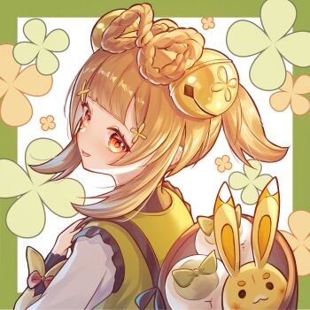 1girl absurdres backpack_basket basket bell blunt_bangs border bow-shaped_hair braid braided_hair_rings brown_eyes brown_hair commentary_request genshin_impact green_border hair_bell hair_ornament hair_rings highres jingle_bell long_sleeves looking_at_viewer looking_back open_mouth outside_border short_hair_with_long_locks solo white_background yaoyao_(genshin_impact) yuno_kaihara