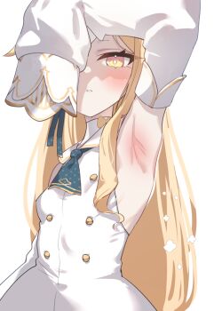 1girl arm_up armpit_focus armpits ascot blonde_hair blue_archive blush breasts commentary_request covering_face covering_one_eye detached_sleeves dress eyelashes long_hair looking_at_viewer monyosato parted_lips presenting_armpit seia_(blue_archive) simple_background sleeves_past_fingers sleeves_past_wrists small_breasts solo white_background white_dress yellow_eyes
