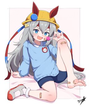 Rule 34 | 1girl, :d, absurdres, aged down, animal ears, bandaid, bandaid on cheek, bandaid on face, bandaid on knee, bandaid on leg, barefoot, blue eyes, blue shorts, blue sweater, boppin, candy, commentary request, ear covers, ears through headwear, fang, food, grey hair, grey shoes, hat, highres, holding, holding candy, holding food, holding lollipop, horse ears, horse girl, kindergarten uniform, legs, lollipop, long hair, looking at viewer, open mouth, shoes, shorts, signature, sitting, smile, soles, solo, sweater, tamamo cross (umamusume), two-tone background, umamusume, yellow hat