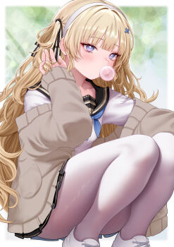 1girl absurdres alternate_costume black_ribbon black_sailor_collar black_skirt blonde_hair blowing_bubble_gum blue_eyes blue_necktie breasts cardigan chewing_gum collarbone commentary fingernails grey_cardigan hair_ornament hair_ribbon hairband hand_up highres light_blush long_hair looking_at_viewer medium_breasts necktie off_shoulder open_cardigan open_clothes pantyhose phoebe_(wuthering_waves) ribbon sailor_collar school_uniform serafuku shirt skirt solo squatting tony_(tonyworkroom) white_hairband white_pantyhose white_shirt wuthering_waves x_hair_ornament