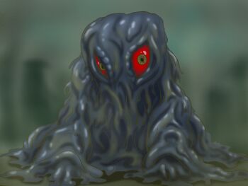 1other 7736 black_skin blurry blurry_background building city colored_sclera colored_skin commentary giant giant_monster godzilla_(series) godzilla_vs._hedorah half-closed_eye hedorah kaiju looking_at_viewer monster no_mouth on_ground outdoors red_sclera slime_(substance) smog solo toho tokusatsu yellow_eyes