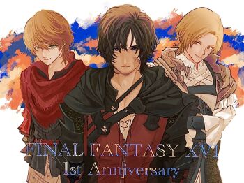 3boys anniversary armor beard_stubble black_armor black_cloak black_hair blonde_hair brown_eyes clive_rosfield cloak copyright_name dion_lesage facial_hair facial_scar final_fantasy final_fantasy_xvi hair_between_eyes highres joshua_rosfield light_smile multiple_boys onigiruru parted_bangs parted_lips red_scarf red_vest scar scar_on_cheek scar_on_face scarf short_hair smile stubble swept_bangs upper_body vest