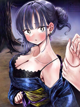 1girl :o alternate_costume alternate_hairstyle ao_tanuki armpit_crease black_bra black_hair blue_kimono blunt_bangs blush boku_no_kokoro_no_yabai_yatsu bra breasts brown_eyes cleavage collarbone commentary earrings foreshortening hair_bun hands_up highres holding_another's_wrist japanese_clothes jewelry kimono lace lace_bra large_breasts long_sleeves looking_at_viewer mole mole_on_neck multiple_moles night obi off_shoulder outdoors pov pov_hands print_kimono sash solo_focus tree underwear upper_body wide_sleeves yamada_anna