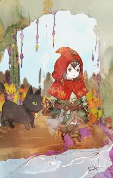 1girl axe bell belt black_cat black_coeurl_(ff14) black_pants boots botanist_(ff14) brown_belt brown_boots brown_eyes brown_gloves brown_hair capelet cat commentary copyright_name final_fantasy final_fantasy_xiv gloves green_tunic hatchet_(axe) holding holding_axe hood hood_up hooded_capelet jingle_bell lalafell mushroom pants red_capelet ruka_(blueplus84) short_hair tunic twitter_username walking warrior_of_light_(ff14)