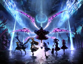 6+girls alice_margatroid alice_margatroid_(pc-98) apron bag blonde_hair bow capelet david_hrusa dress faceless grimoire_of_alice hair_ornament hat highres long_hair louise_(touhou) mai_(touhou) maid_apron maid_headdress makai_(touhou) multiple_girls multiple_wings mystic_square red_dress sara_(touhou) shaded_face shinki_(touhou) short_hair silver_hair stone_floor sword touhou touhou_(pc-98) weapon wings yuki_(touhou) yumeko_(touhou)