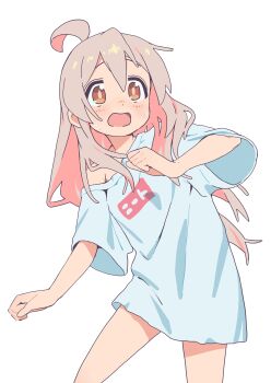 Rule 34 | 1girl, absurdres, ahoge, bare arms, blush, brown eyes, colored inner hair, commentary, cowboy shot, grey hair, hair between eyes, highres, kicchi (tmgk), long hair, multicolored hair, no pants, onii-chan wa oshimai!, open mouth, oversized clothes, oversized shirt, oyama mahiro, pink hair, shirt, short sleeves, simple background, single bare shoulder, single off shoulder, solo, surprised, t-shirt, two-tone hair, white background, white shirt