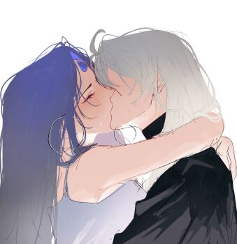 Rule 34 | 2girls, absurdres, arms around neck, benghuai xueyuan, black shirt, blue hair, camisole, closed eyes, commentary, english commentary, forehead jewel, highres, honkai (series), jyahnar (benghuai xueyuan), kiana kaslana, kiss, long hair, multiple girls, queen yuri.mj, shirt, turtleneck, turtleneck shirt, white camisole, white hair, yuri