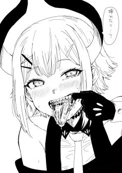 1girl absurdres bare_shoulders blush commentary_request finger_in_own_mouth gloves greyscale hair_ornament hairclip highres horns kaiman_garupan levi_elipha levi_elipha_(1st_costume) looking_at_viewer monochrome mouth_pull nijisanji open_mouth saliva sharp_teeth shirt solo speech_bubble sweatdrop teeth tongue tongue_out translation_request virtual_youtuber white_background
