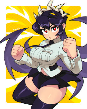 Rule 34 | 1girl, black hair, black thighhighs, breasts, extra mouth, filia (skullgirls), futakuchi-onna, highres, large breasts, living hair, long hair, looking at viewer, navel, necktie, prehensile hair, qewie, red eyes, samson (skullgirls), school uniform, skirt, skullgirls, solo, thick thighs, thighhighs, thighs