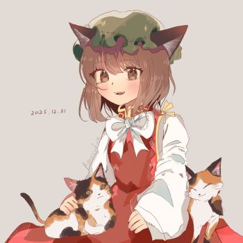 1girl animal_ears bow bowtie brown_eyes brown_hair calico_(pattern) cat cat_ears cat_girl chen commentary_request dated dress green_hat hat highres long_sleeves looking_at_viewer m_udonx mob_cap open_mouth red_dress short_hair smile touhou white_bow white_bowtie