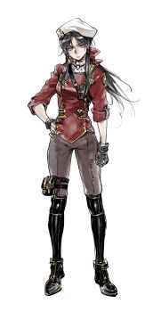 1girl absurdres aihara-rina alternate_costume artist_name black_boots black_gloves black_hair black_socks boots brown_eyes brown_pants chinese_commentary closed_mouth commentary_request dated fingerless_gloves full_body gloves hair_tubes hakurei_reimu hand_on_own_hip hat highres kneehighs looking_at_viewer pants pouch red_shirt shirt simple_background sleeves_rolled_up socks solo thigh_pouch touhou white_background white_hat