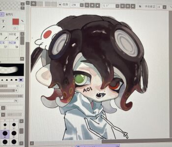 Rule 34 | 1girl, absurdres, aoi (cariiiie), art program in frame, black hair, chinese commentary, commentary request, drawstring, fang, gradient hair, green eyes, hair between eyes, hair ornament, heterochromia, highres, hood, hoodie, medium hair, multicolored hair, nintendo, octoling, octoling girl, octoling player character, open mouth, painttool sai, painttool sai (medium), photo (medium), red eyes, simple background, skull hair ornament, smile, solo, splatoon (series), unfinished, white background, white hoodie