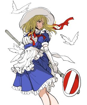 1girl absurdres apron bird blonde_hair blue_dress collar dress elbow_gloves feet_out_of_frame frilled_apron frilled_collar frilled_dress frills gloves hat hat_ribbon highres holding holding_sign kana_anaberal kuya_(hey36253625) puffy_short_sleeves puffy_sleeves red_ribbon ribbon road_sign short_sleeves sign smile stop_sign touhou touhou_(pc-98) waist_apron white_gloves white_hat yellow_eyes