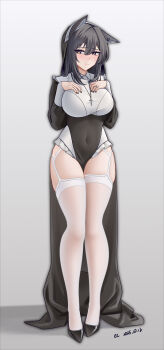 1girl absurdres alter_kamerade alternate_breast_size_(larger) alternate_costume animal_ear_fluff animal_ear_piercing animal_ears arknights arms_up black_dress black_hair black_nails black_shoes black_veil breasts brown_eyes chinese_commentary collar collared_dress commentary_request covered_navel cross cross_necklace dated dress fingernails frilled_dress frills full_body garter_straps hair_between_eyes highres huge_breasts jewelry legs light_smile long_dress long_hair long_sleeves looking_at_viewer nail_polish necklace nun ring shoes simple_background solo standing texas_(arknights) thighhighs thighs two-tone_dress veil white_background white_collar white_dress white_thighhighs wolf_ears wolf_girl