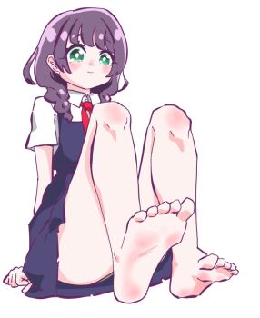 1girl barefoot black_hair dradora feet green_eyes highres light_blush long_hair looking_at_viewer soles toes