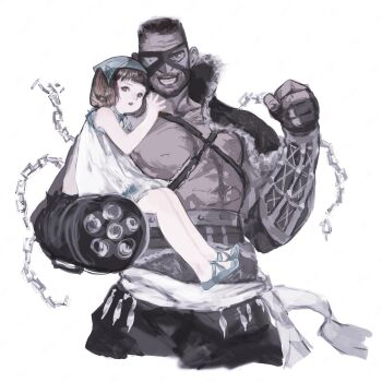 1boy 1girl barret_wallace beard brown_hair carrying carrying_person commentary_request company_connection cosplay dark-skinned_male dark_skin eyepatch facial_hair father_and_daughter final_fantasy final_fantasy_vii gatling_gun headscarf highres looking_at_viewer marlene_wallace nier nier_(father) nier_(father)_(cosplay) nier_(series) simple_background smile square_enix tori_(labyrinth_fft) trait_connection yonah yonah_(cosplay)