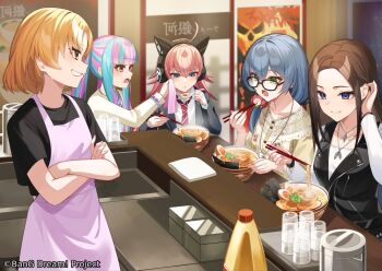 5girls ahoge apron asahi_rokka bang_dream! black_hair black_jacket black_shirt black_vest blonde_hair blue_eyes blue_hair blush bowl commentary_request crossed_arms eating food glasses green_eyes guest_art indoors jacket long_hair multicolored_hair multiple_girls noodles nyubara_reona official_art open_mouth pink_apron pink_hair raise_a_suilen ramen red_eyes sato_masuki second-party_source shirt short_hair sidelocks sitting standing sweat takehana_note tamade_chiyu tucking_hair twintails two-tone_hair vest wakana_rei yellow_eyes