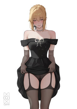 1girl absurdres ahoge artoria_pendragon_(fate) black_dress black_panties blonde_hair blush braid bun_with_braided_base clothes_lift dress dress_lift elbow_gloves fate_(series) garter_straps gloves green_eyes half-closed_eyes highres jewelry lifting_own_clothes looking_down necklace off-shoulder_dress off_shoulder panties pearl_necklace quilm saber_(fate) sidelocks simple_background solo standing underwear white_background